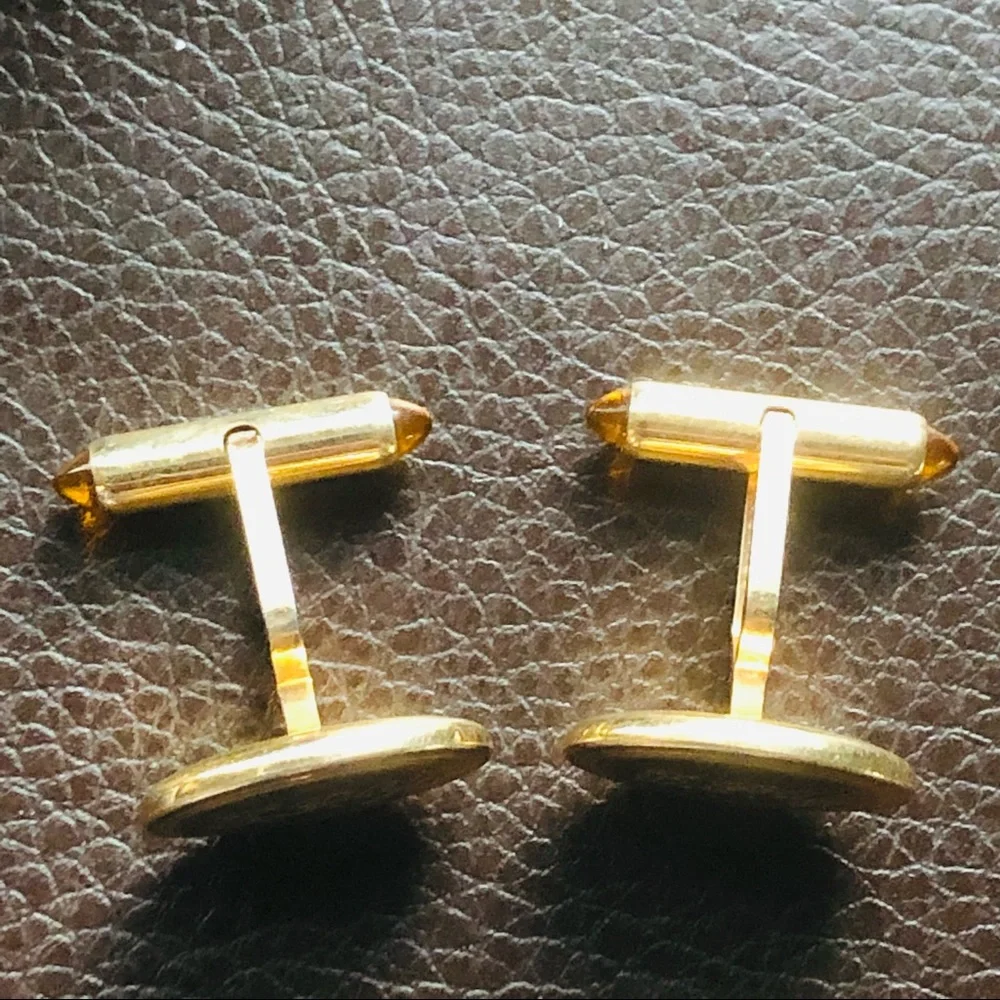 Antique Krementz engraved gold oval amber accent cuff links